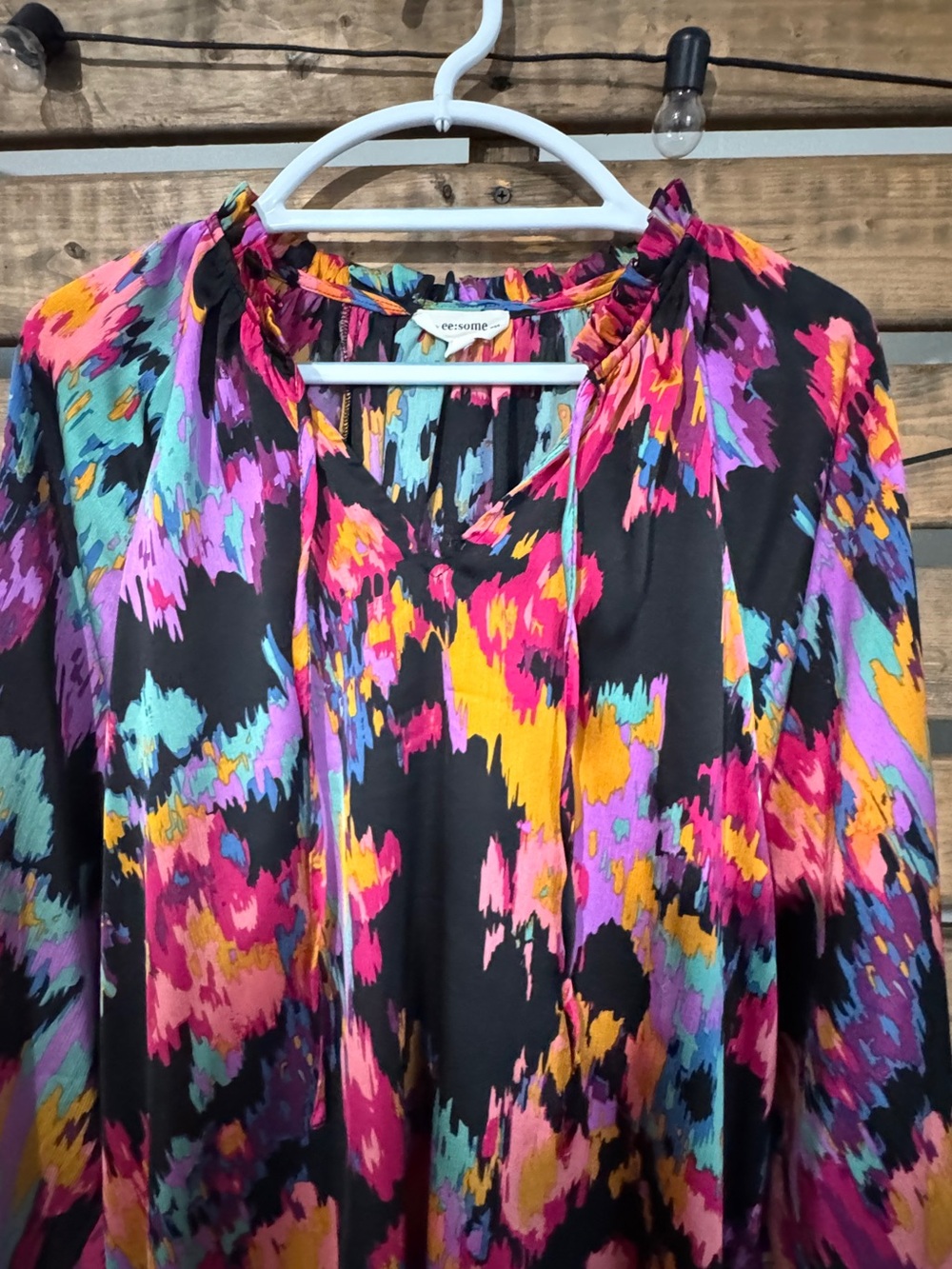 ee:some Abstract Print Tie Neck Blouse Size L Black Pink Purple Teal Boho